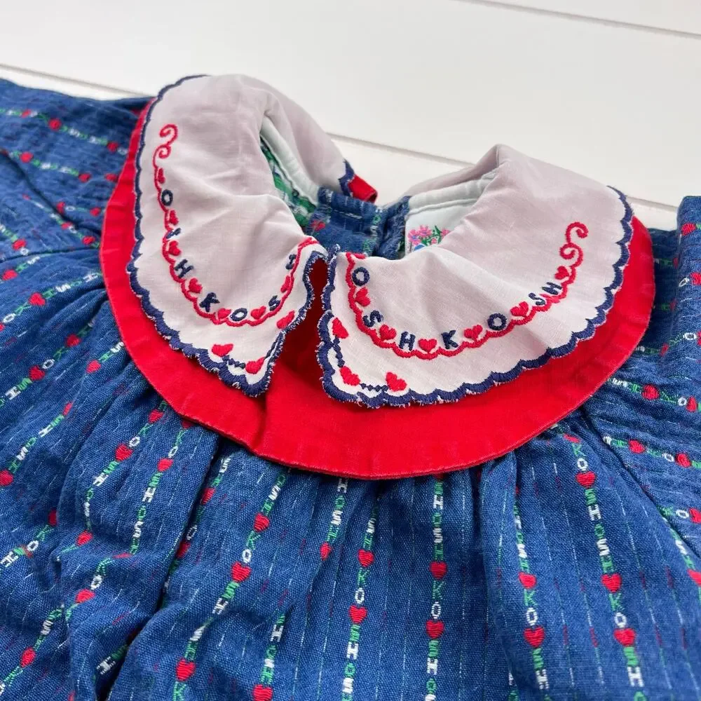 OshKosh B'gosh Vintage Embroidered Hearts Denim Romper Girls size 6-9 MNS USA